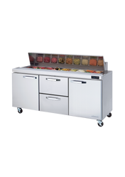A commercial Blue Air BLPT72-D2M-HC refrigerated prep table with four drawers and compartments. The open lid on top displays containers filled with fresh toppings, making it an ideal sandwich prep table for restaurants or delis.