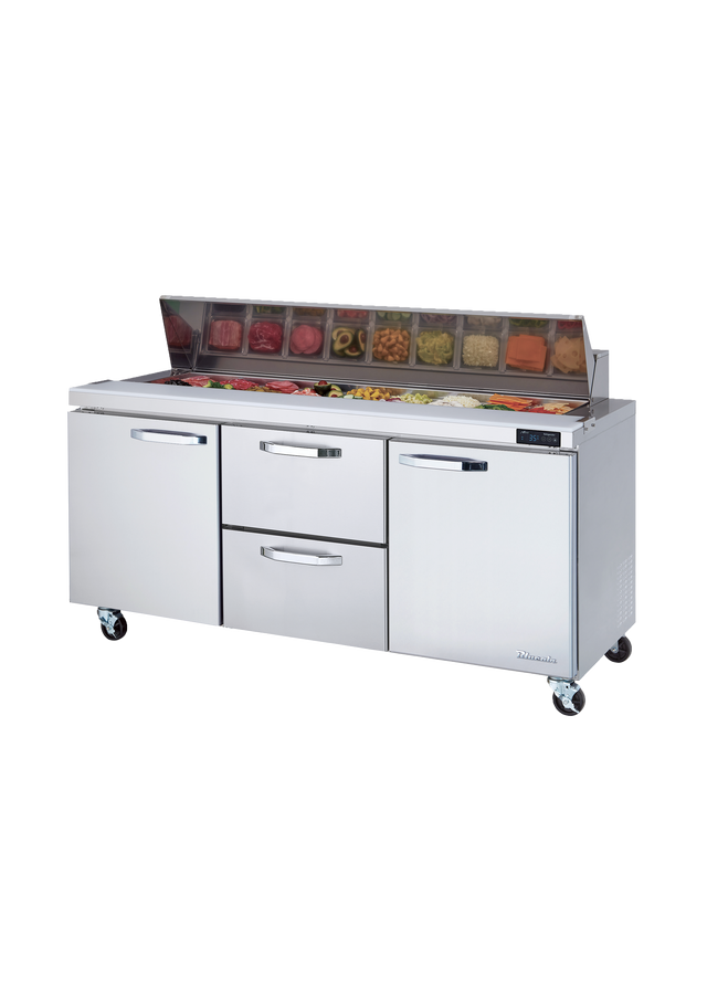 A commercial Blue Air BLPT72-D2M-HC refrigerated prep table with four drawers and compartments. The open lid on top displays containers filled with fresh toppings, making it an ideal sandwich prep table for restaurants or delis.