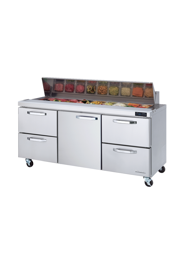 A stainless steel refrigerated prep table on wheels with six drawers, a central door, and a glass-covered section holding assorted food ingredients. This three-section sandwich prep table stands against a plain, light gray background.