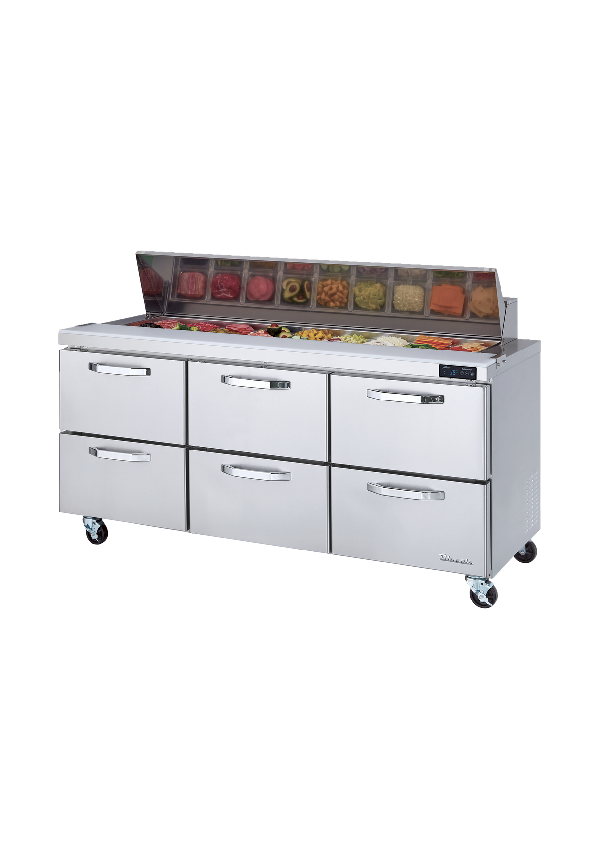 A commercial stainless steel sandwich prep table on wheels features six drawers and a top section with containers of fresh ingredients, all protected by a transparent sneeze guard. The refrigerated prep table surface is clean and organized.