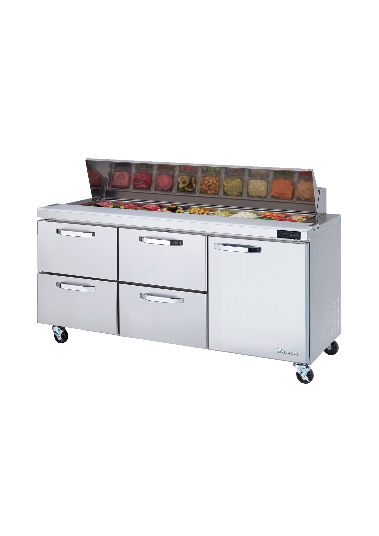 A commercial three-section stainless steel sandwich prep table with four drawers and a compartment, topped with a glass-covered section holding assorted food ingredients in transparent containers. The unit sits on wheels against a plain white background.