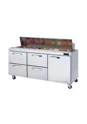 A commercial three-section stainless steel sandwich prep table with four drawers and a compartment, topped with a glass-covered section holding assorted food ingredients in transparent containers. The unit sits on wheels against a plain white background.