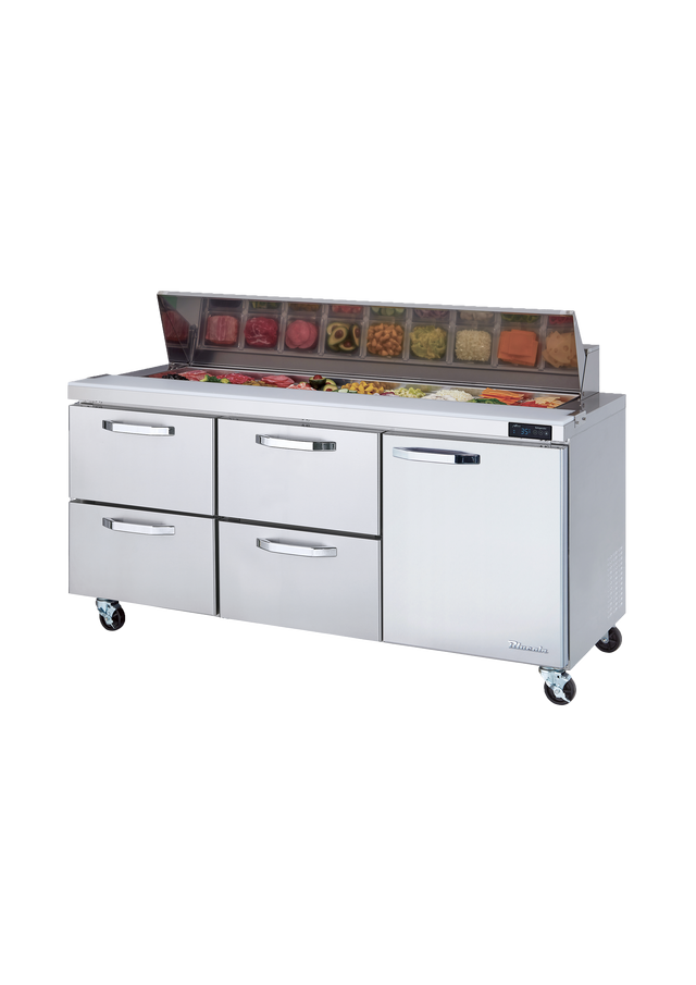 A commercial three-section stainless steel sandwich prep table with four drawers and a compartment, topped with a glass-covered section holding assorted food ingredients in transparent containers. The unit sits on wheels against a plain white background.