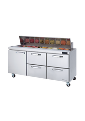 A commercial refrigerated stainless steel sandwich prep table on wheels, featuring four drawers and a top compartment with food containers under a raised glass lid. This three section unit is set against a plain white background.
