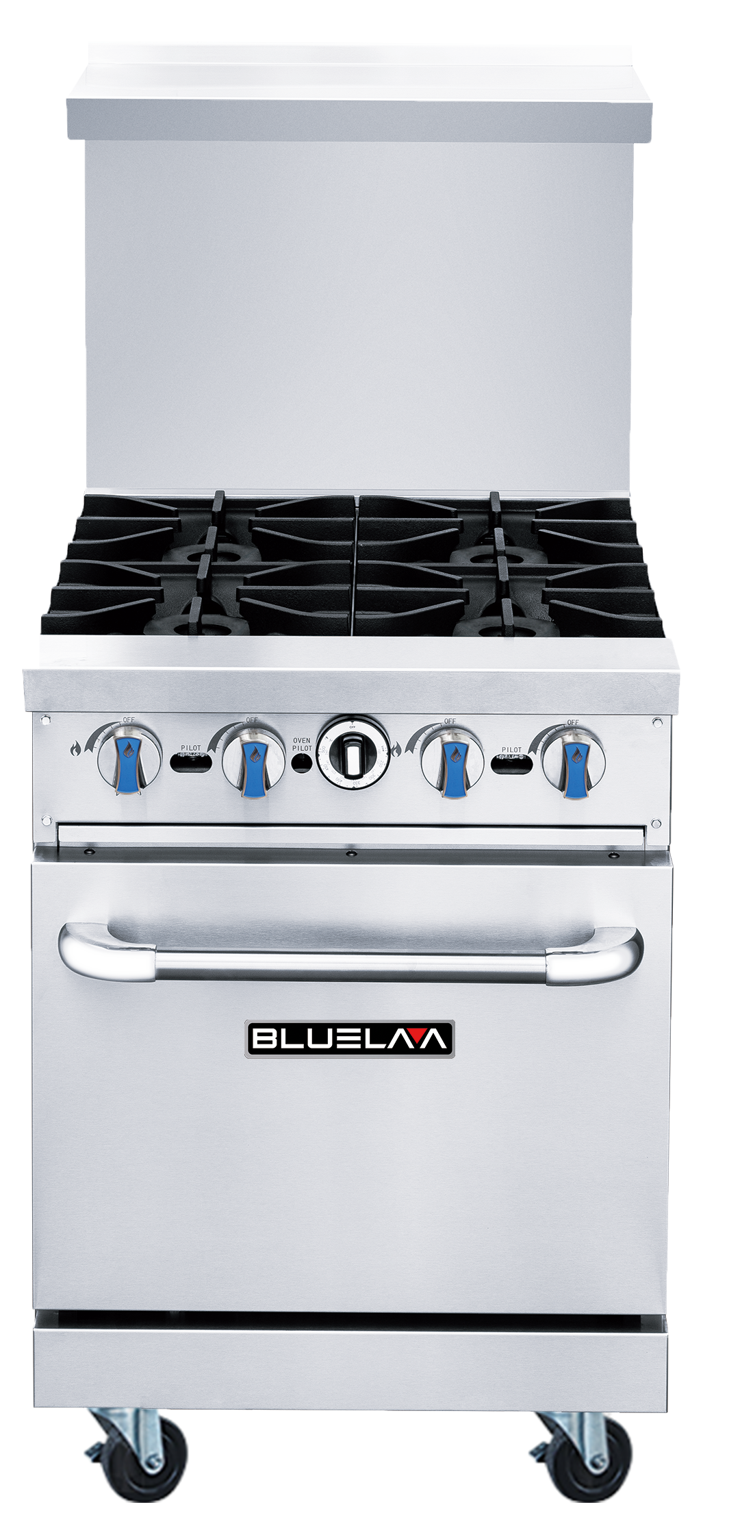 The BLUELAVA Range is a commercial stainless steel gas range with six burners, blue control knobs, a large oven door with a horizontal handle, brand Bluelaa on the front, wheels for mobility, and a backsplash rising behind the burners.