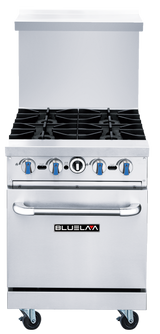 The BLUELAVA Range is a commercial stainless steel gas range with six burners, blue control knobs, a large oven door with a horizontal handle, brand Bluelaa on the front, wheels for mobility, and a backsplash rising behind the burners.