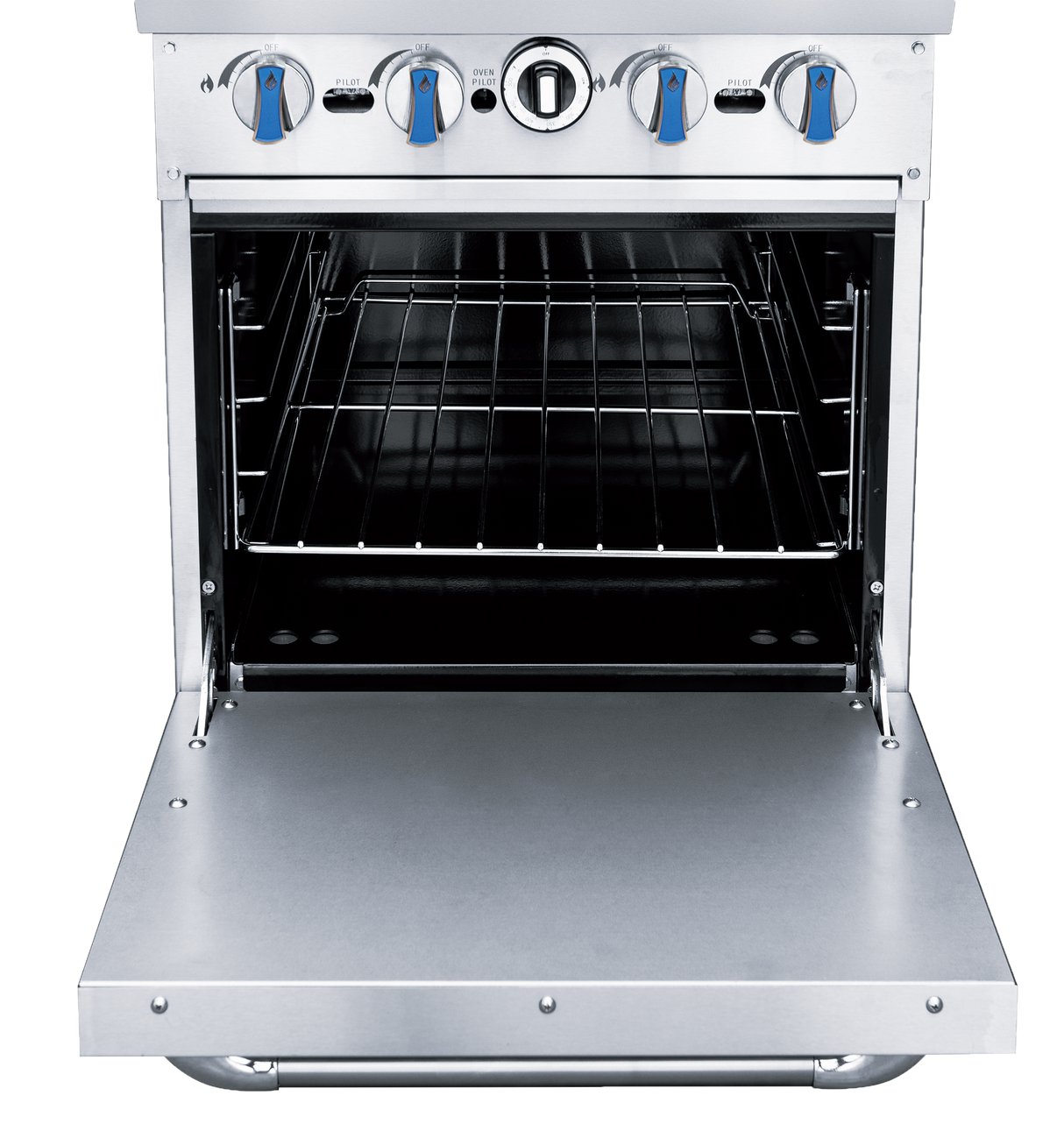The BLUELAVA Range is a modern, professional stainless steel gas range featuring four blue-handled control knobs and a silver knob. The open oven door reveals two metal racks, showcasing a sleek, commercial oven design with clean lines and a metallic finish.