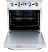The BLUELAVA Range is a modern, professional stainless steel gas range featuring four blue-handled control knobs and a silver knob. The open oven door reveals two metal racks, showcasing a sleek, commercial oven design with clean lines and a metallic finish.