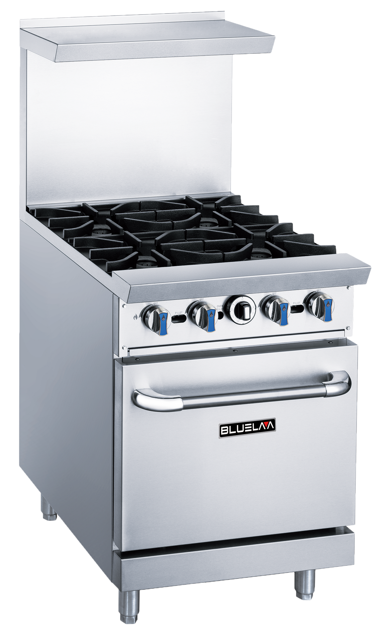 A BLUELAVA Range commercial oven, this stainless steel gas range features four black cast iron burners, front control knobs, a lower oven with handle, a backsplash, and the “BLUELAVA” brand logo on the oven door.