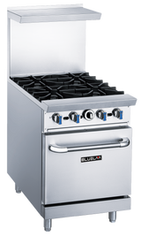 A BLUELAVA Range commercial oven, this stainless steel gas range features four black cast iron burners, front control knobs, a lower oven with handle, a backsplash, and the “BLUELAVA” brand logo on the oven door.