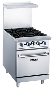 A BLUELAVA Range commercial oven, this stainless steel gas range features four black cast iron burners, front control knobs, a lower oven with handle, a backsplash, and the “BLUELAVA” brand logo on the oven door.