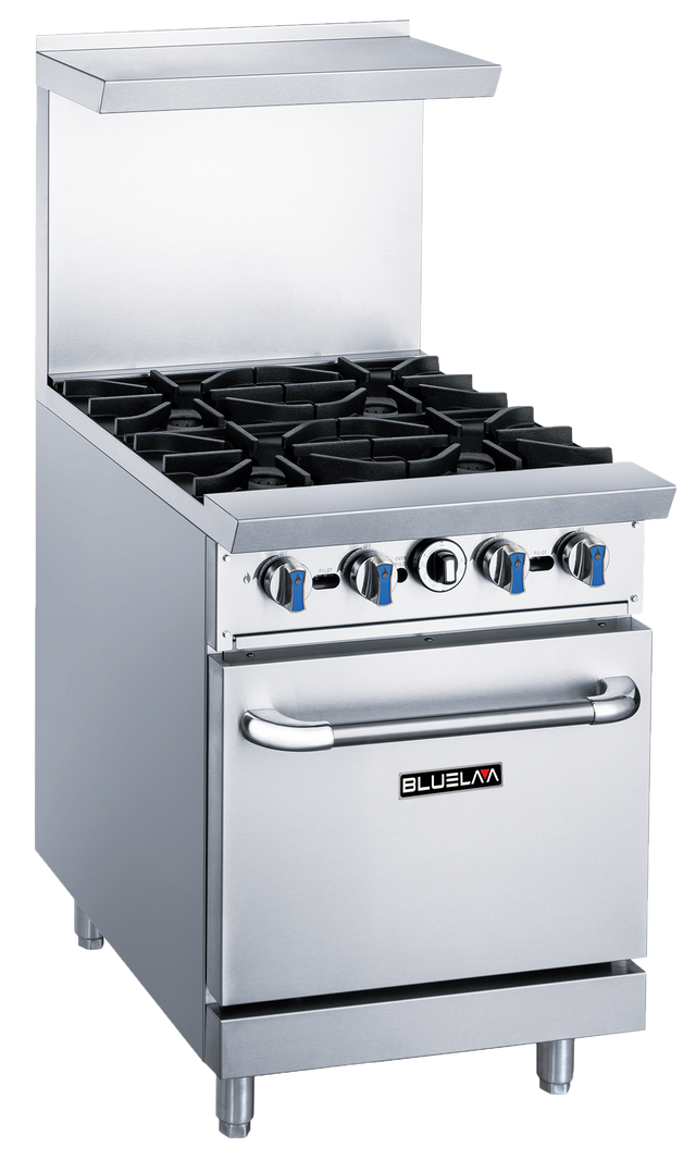 A BLUELAVA Range commercial oven, this stainless steel gas range features four black cast iron burners, front control knobs, a lower oven with handle, a backsplash, and the “BLUELAVA” brand logo on the oven door.