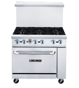 The BLUELAVA Range is a commercial stainless steel gas range with 6 open burners, blue control knobs, a large oven door, and the Blue LAA logo. It features a high backsplash and stands on four caster wheels for easy mobility.