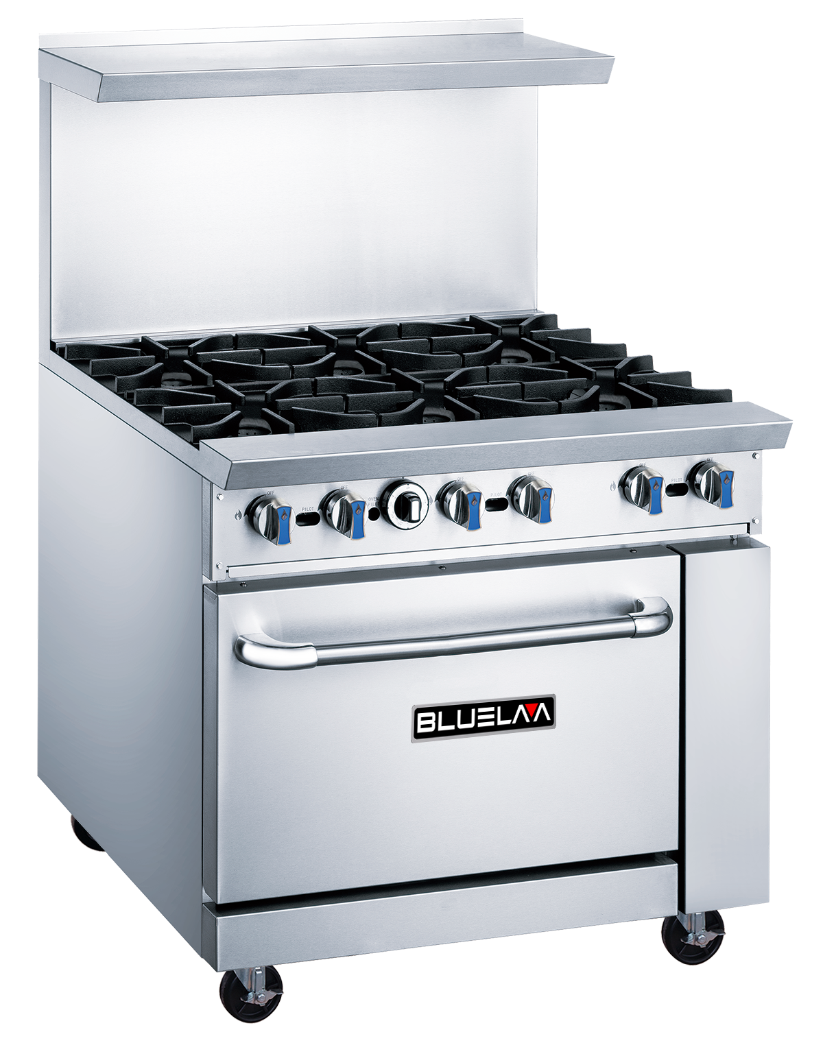 A commercial BLUELAVA Range gas range featuring 6 open burners with blue-handled control knobs, a large oven below the BLUELAVA logo, a raised backguard, and wheels for easy mobility.