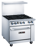 A commercial BLUELAVA Range gas range featuring 6 open burners with blue-handled control knobs, a large oven below the BLUELAVA logo, a raised backguard, and wheels for easy mobility.