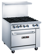 A commercial BLUELAVA Range gas range featuring 6 open burners with blue-handled control knobs, a large oven below the BLUELAVA logo, a raised backguard, and wheels for easy mobility.