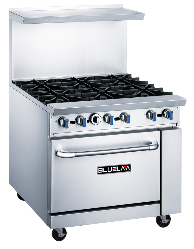 A commercial BLUELAVA Range gas range featuring 6 open burners with blue-handled control knobs, a large oven below the BLUELAVA logo, a raised backguard, and wheels for easy mobility.