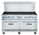 The BLUELAVA Range is a commercial gas range featuring eight burners, two oven doors, blue control knobs, a backsplash, and four wheels for mobility. The stainless steel unit is labeled “BLUELAVA” on both doors for a professional touch.