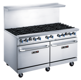 A large BLUELAVA Range commercial gas range with 10 open burners, control knobs with blue accents, a backsplash, two ovens below with handles, and the BLUELMA logo on the front. The unit sits on four caster wheels.