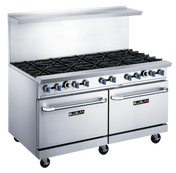 A large BLUELAVA Range commercial gas range with 10 open burners, control knobs with blue accents, a backsplash, two ovens below with handles, and the BLUELMA logo on the front. The unit sits on four caster wheels.