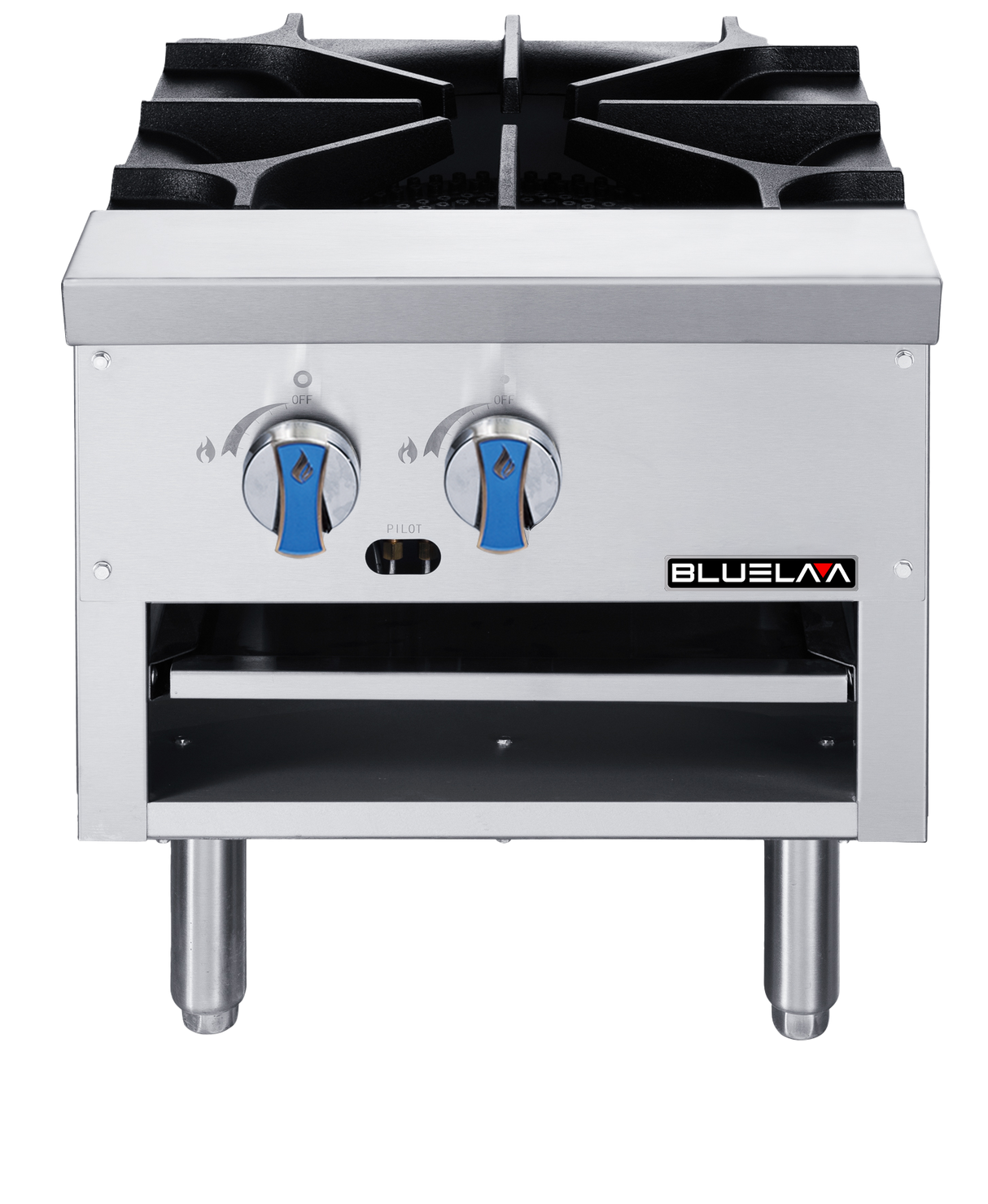 A stainless steel commercial low stock pot range with 80,000 BTU and two burner control knobs with blue handles, plus an open storage shelf below. The brand name BLUELAA appears on the front right side of the stove.