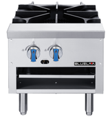 A stainless steel commercial low stock pot range with 80,000 BTU and two burner control knobs with blue handles, plus an open storage shelf below. The brand name BLUELAA appears on the front right side of the stove.