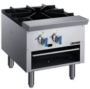 A stainless steel BLUEJAY low stock pot range with an 80,000 BTU large burner, two blue control knobs, and an open lower shelf. Sturdy and industrial, it stands on four metal legs—perfect for commercial kitchens.