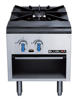 A heavy duty commercial stainless steel stock pot range with a single gas burner, two blue control knobs, an open lower storage shelf, and BLUELAA branding. Features a cast iron burner grate and sturdy cylindrical metallic legs.