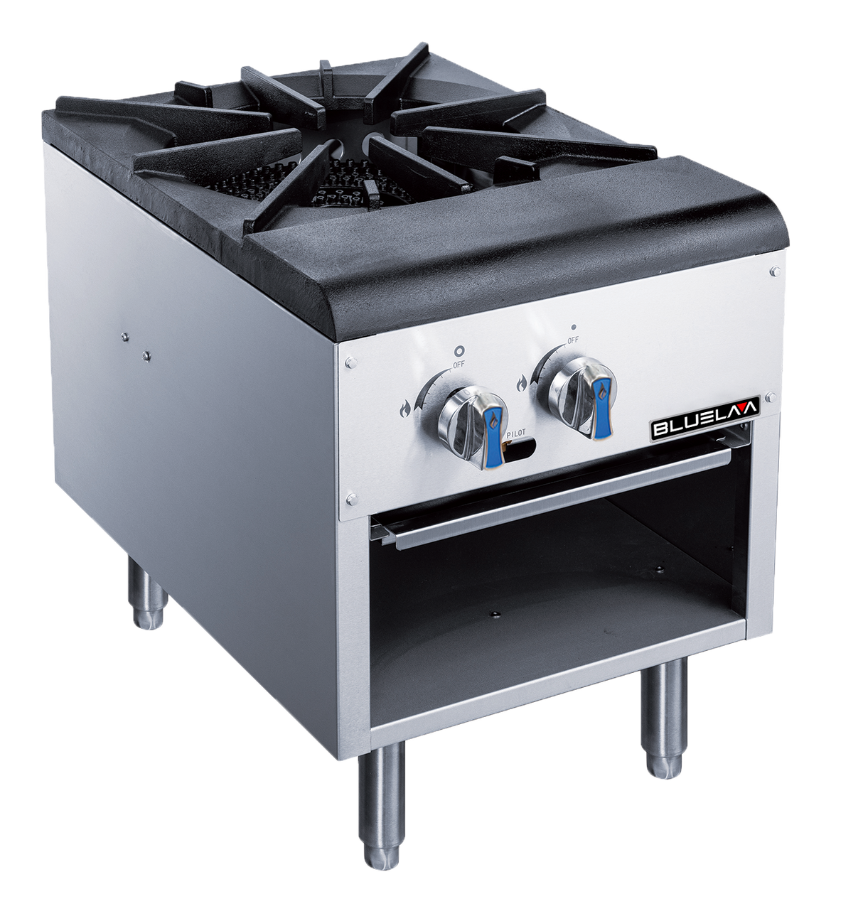 A commercial stainless steel stock pot range featuring a single heavy-duty gas burner, two control knobs, four sturdy legs, an open storage shelf, and the BlueZLA brand name on the front panel.