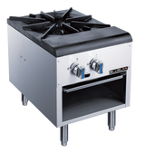 A commercial stainless steel stock pot range featuring a single heavy-duty gas burner, two control knobs, four sturdy legs, an open storage shelf, and the BlueZLA brand name on the front panel.