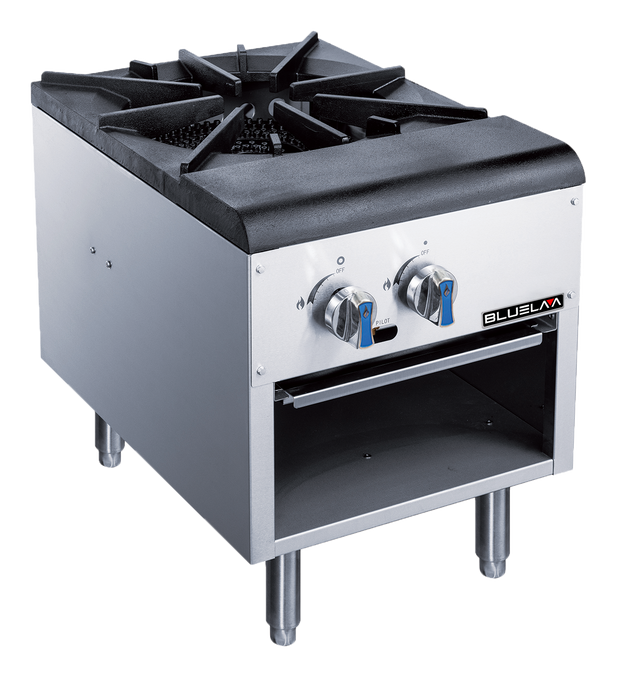 A commercial stainless steel stock pot range featuring a single heavy-duty gas burner, two control knobs, four sturdy legs, an open storage shelf, and the BlueZLA brand name on the front panel.