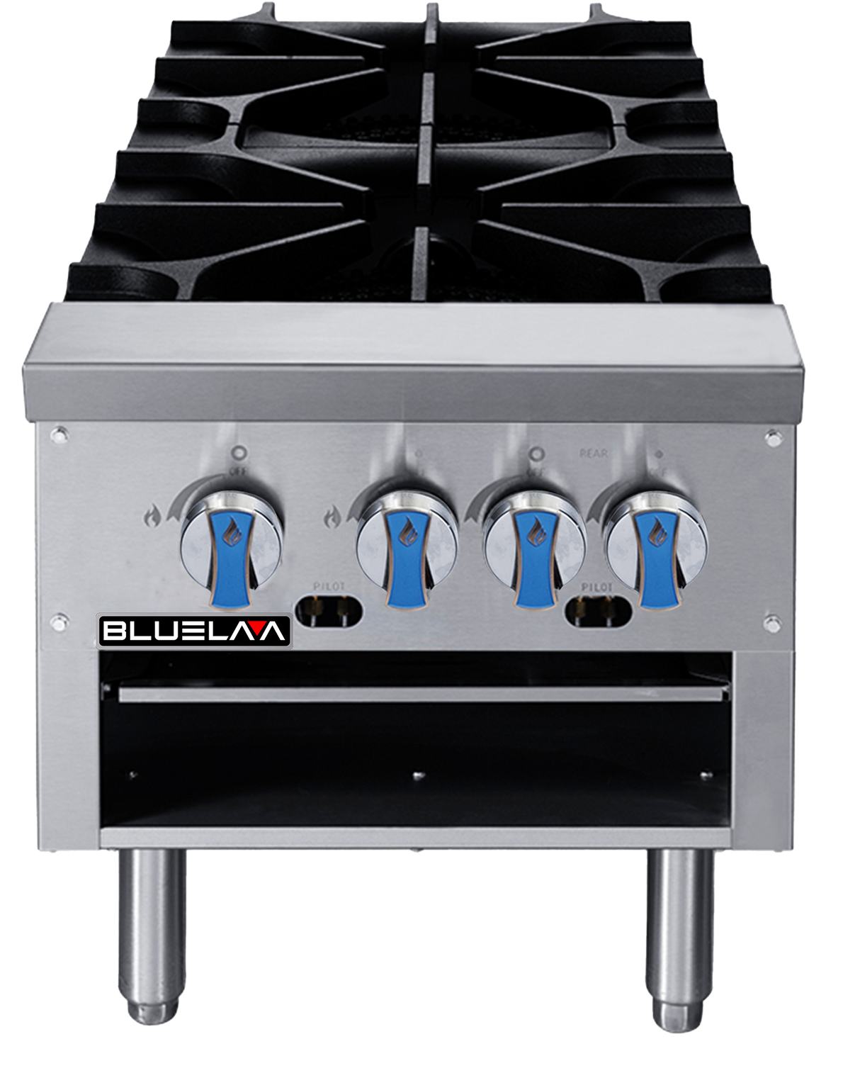 A stainless steel commercial stove with four black cast iron gas burners, four blue and silver control knobs on the front panel, and a lower open shelf. Ideal for any commercial kitchen, the BLUELAA brand name appears on the left side of the panel.