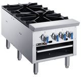 A commercial stainless steel gas stove for any commercial kitchen, featuring four black cast iron gas burners, four blue and silver control knobs, sturdy metal legs, the BLUEFLAME logo on the front, and an open shelf below the knobs. Plain white background.