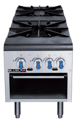 A heavy duty commercial stainless steel Stock Pot Range with two gas burners, four blue control knobs, “BlueLAA” branding, and an open storage space below. The stove stands on four short legs and features sturdy cast iron grates.