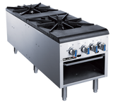 A heavy duty commercial stainless steel Stock Pot Range features two large black gas burners, three control knobs with blue accents on the front, an open lower shelf, and four sturdy metal legs for reliable support.