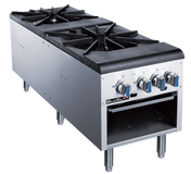 A heavy duty commercial stainless steel Stock Pot Range features two large black gas burners, three control knobs with blue accents on the front, an open lower shelf, and four sturdy metal legs for reliable support.