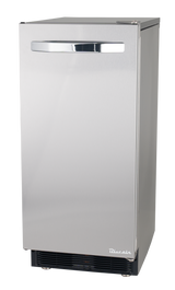 A stainless steel undercounter ice maker with a sleek, rectangular design. It features a horizontal, metallic handle near the top of the door and a small Blucain logo near the bottom right corner. Perfect for producing nugget cube ice.