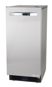 A stainless steel undercounter ice maker with a sleek, rectangular design. It features a horizontal, metallic handle near the top of the door and a small Blucain logo near the bottom right corner. Perfect for producing nugget cube ice.