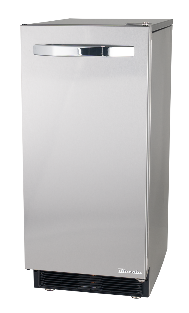 A stainless steel undercounter ice maker with a sleek, rectangular design. It features a horizontal, metallic handle near the top of the door and a small Blucain logo near the bottom right corner. Perfect for producing nugget cube ice.