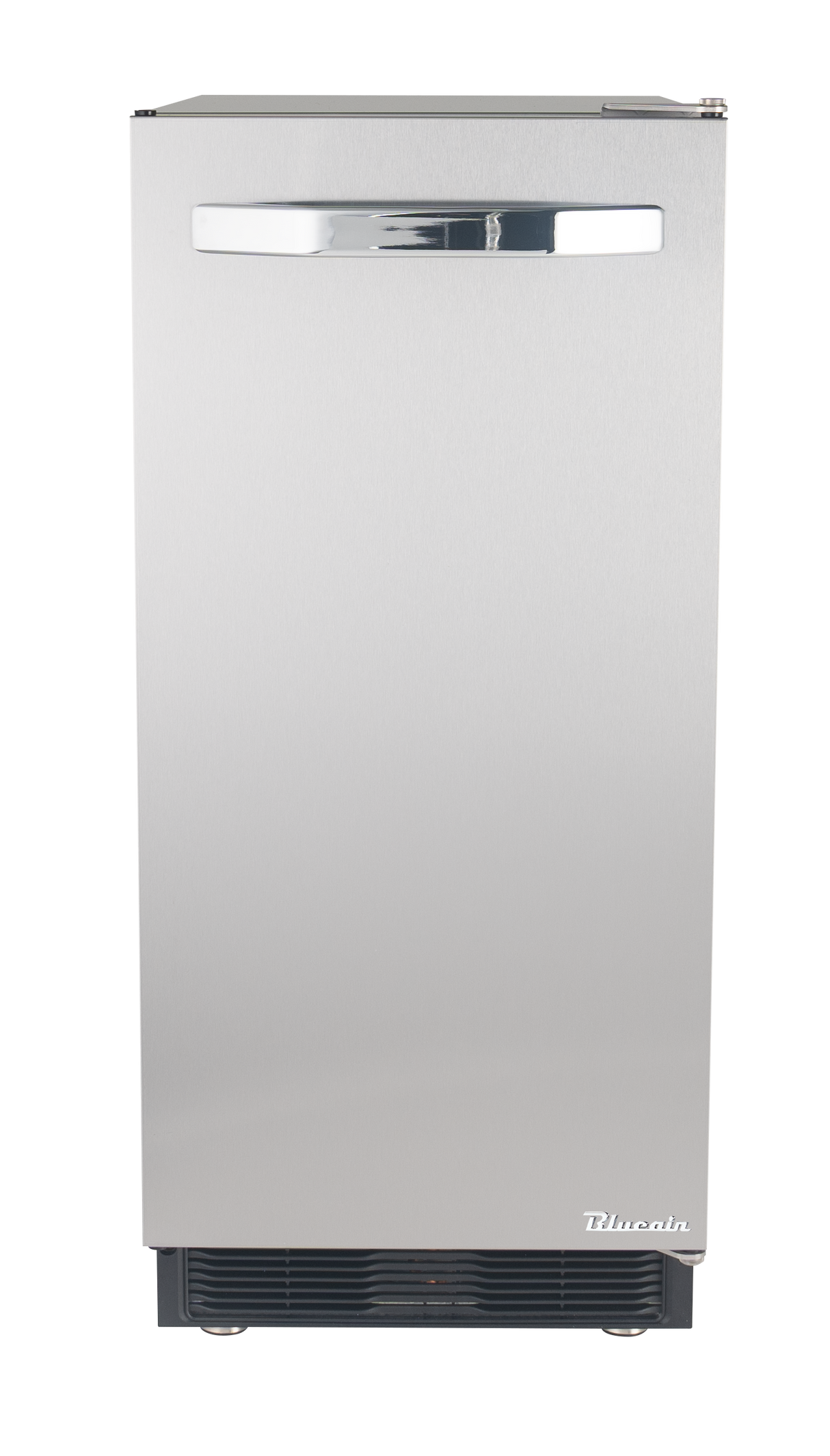 A stainless steel undercounter ice maker with a rectangular shape, flat front, and a horizontal chrome handle near the top. The smooth silver panel features “Blucair” in white at the bottom right, and the base includes a black ventilation grille.