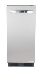 A stainless steel undercounter ice maker with a rectangular shape, flat front, and a horizontal chrome handle near the top. The smooth silver panel features “Blucair” in white at the bottom right, and the base includes a black ventilation grille.