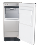 A stainless steel undercounter ice maker with its door open, revealing the white interior ice bin and two compartments on the inside of the door. The sleek, modern exterior features control buttons above the ice bin, perfect for producing nugget cube ice.