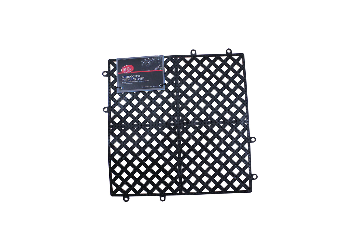 A black plastic bar mat with a diamond-shaped lattice pattern is shown against a white background. The non-slip mat features small circular connectors on the edges and a product label in the upper left corner.