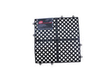 A black plastic bar mat with a diamond-shaped lattice pattern is shown against a white background. The non-slip mat features small circular connectors on the edges and a product label in the upper left corner.