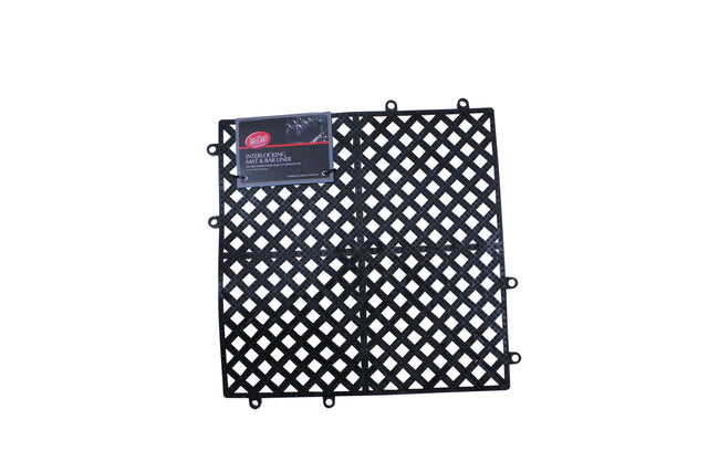 A black plastic bar mat with a diamond-shaped lattice pattern is shown against a white background. The non-slip mat features small circular connectors on the edges and a product label in the upper left corner.