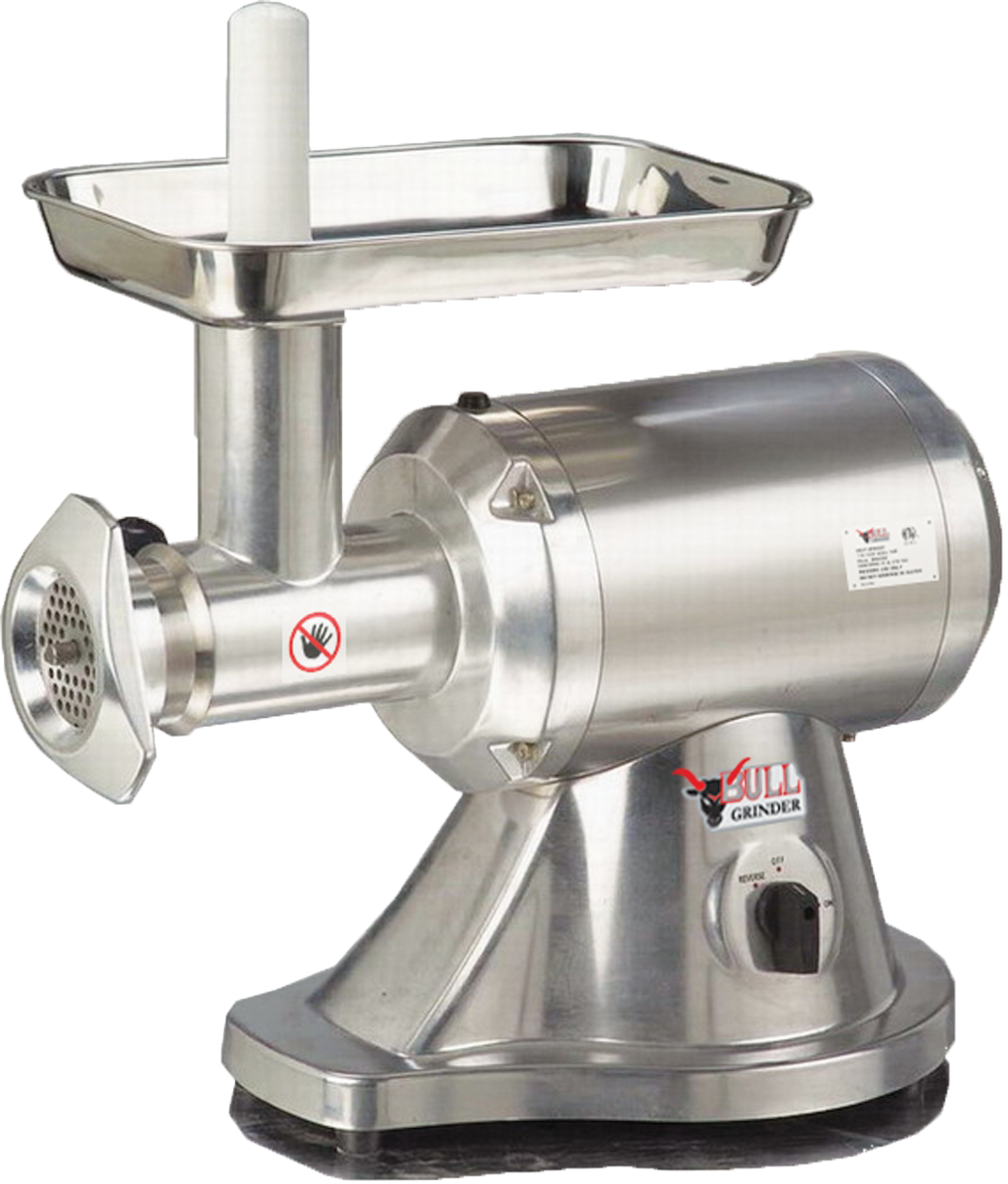 A stainless steel Meat Grinder with gear drive features a sturdy tray on top, a feeding tube, and a round grinding plate at the front. The polished base displays the Bull Grinder label, making it durable and industrial-grade for serious kitchen tasks.