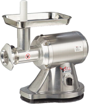 A stainless steel Meat Grinder with gear drive features a sturdy tray on top, a feeding tube, and a round grinding plate at the front. The polished base displays the Bull Grinder label, making it durable and industrial-grade for serious kitchen tasks.