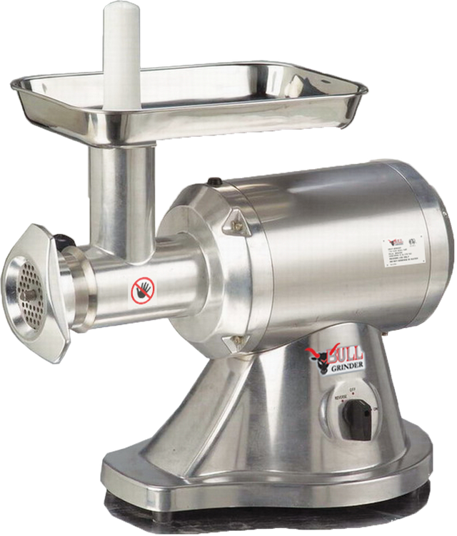A stainless steel Meat Grinder with gear drive features a sturdy tray on top, a feeding tube, and a round grinding plate at the front. The polished base displays the Bull Grinder label, making it durable and industrial-grade for serious kitchen tasks.