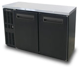 A commercial-grade, black two-section Back Bar Cooler with shallow depth features a stainless steel top, left-side vents, and indented handles. Designed for professional or restaurant use, the unit sits on short, hidden legs for a sleek look.