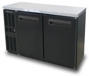 A commercial-grade, black two-section Back Bar Cooler with shallow depth features a stainless steel top, left-side vents, and indented handles. Designed for professional or restaurant use, the unit sits on short, hidden legs for a sleek look.